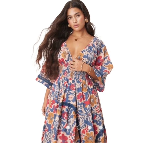 ✨️Free People Printed Maxi Dress Floral Smocked Boho XS Oversized Resort Wear - Picture 2 of 15